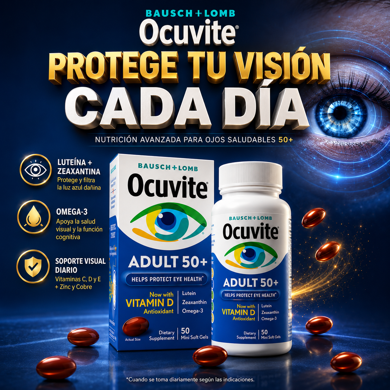Ocuvite 50+ Suplemento de vitaminas y minerales para los ojos.