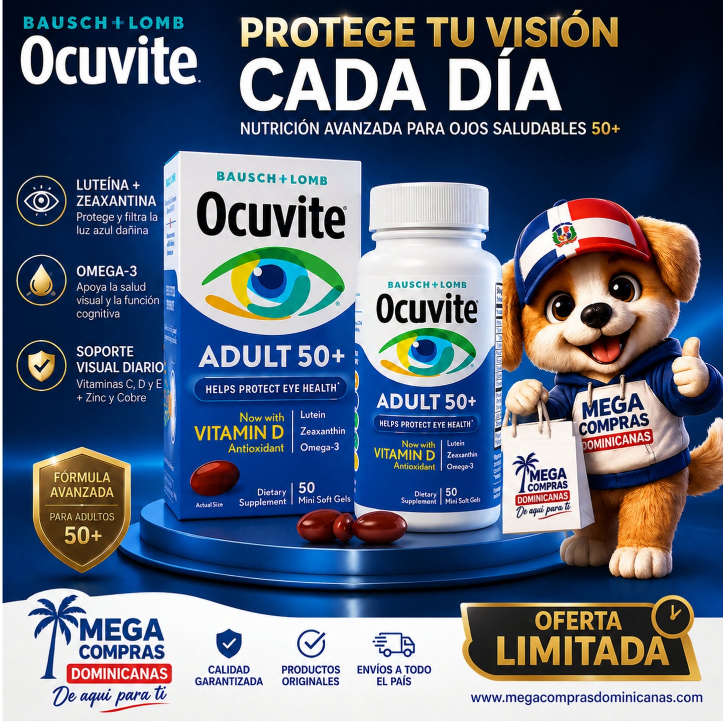 Ocuvite 50+ Suplemento de vitaminas y minerales para los ojos.