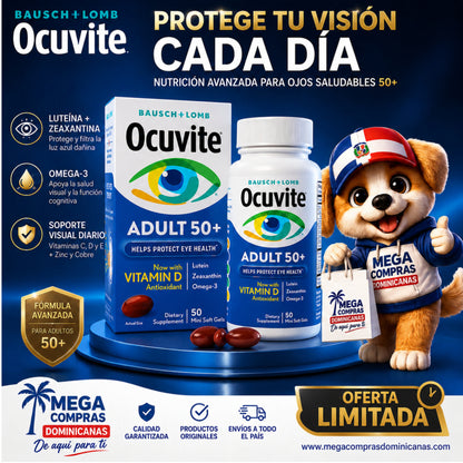 Ocuvite 50+ Suplemento de vitaminas y minerales para los ojos.