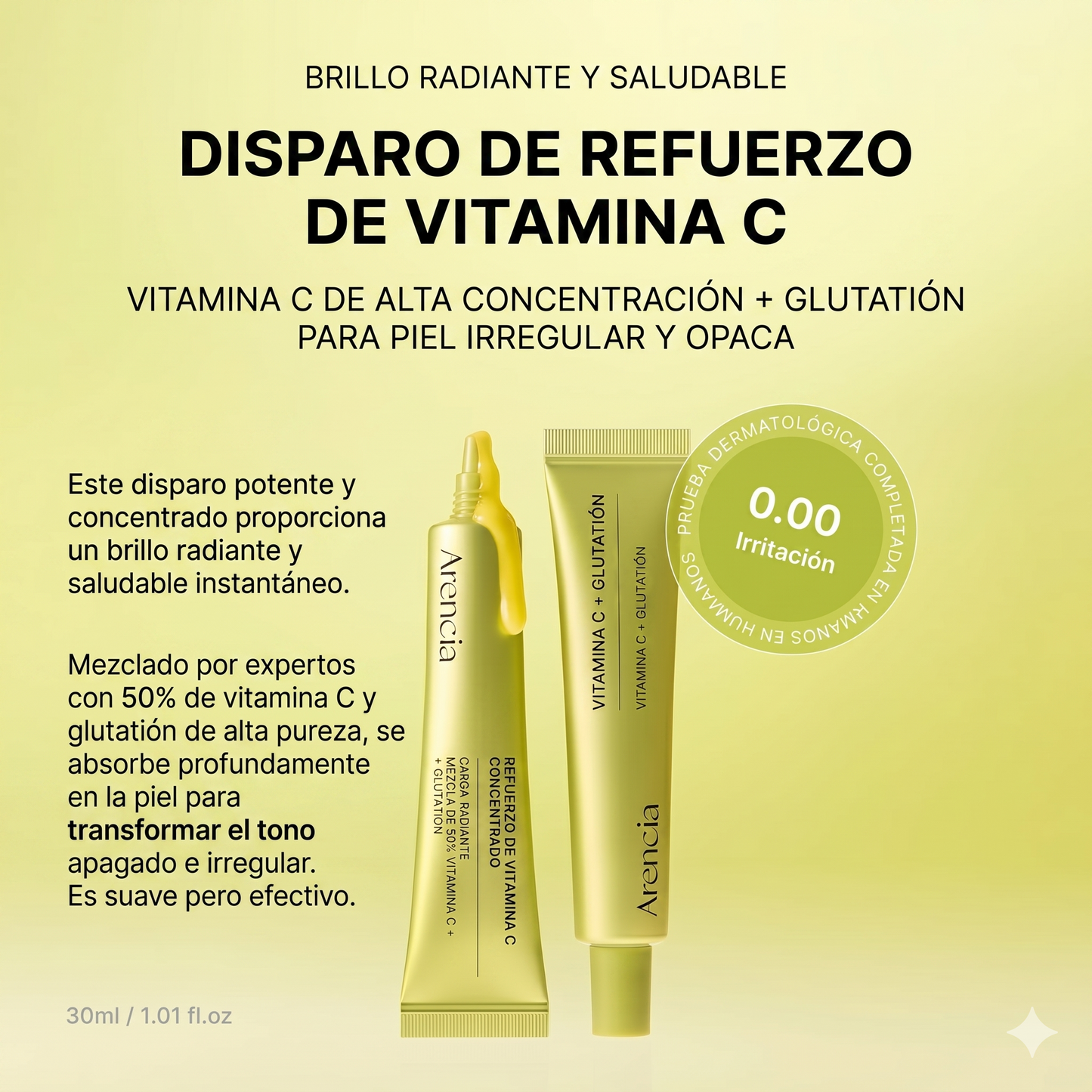 Sérum potenciador de vitamina C de Arencia con glutatión, niacinamida y vitamina E facial coreano, 30 ml.